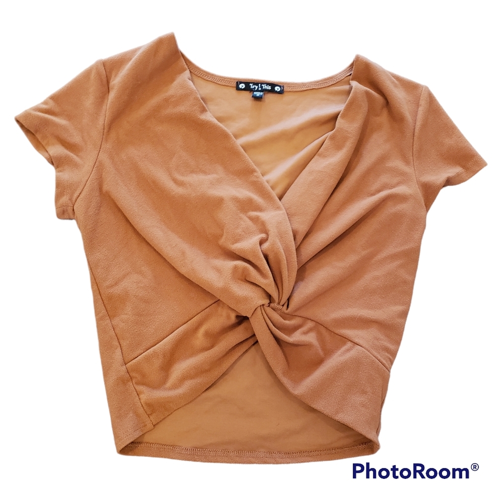 Faux suede crop top with twist front, light orange